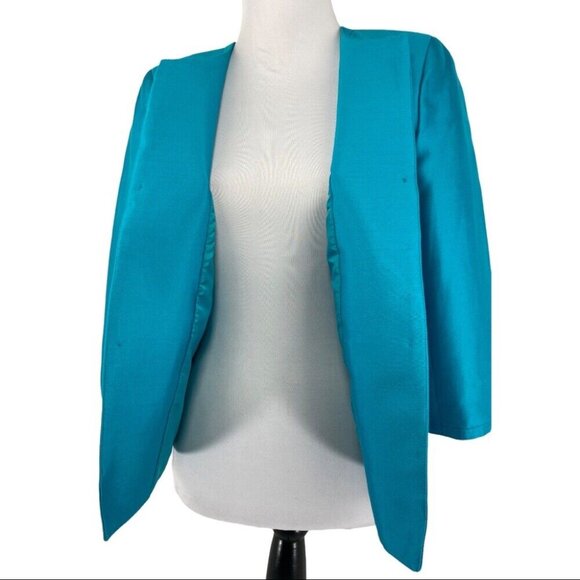 Talbots Women's NWT Blue Silk Open Front Quiet Luxury Collarless Blazer‎ 4/C40 - Picture 2 of 8